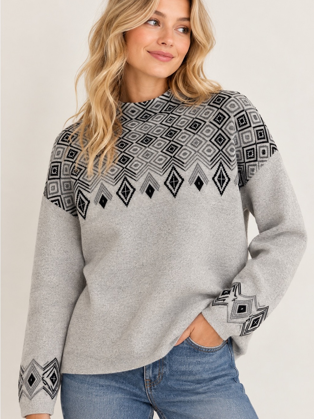 Tahari Geometric Fair Isle Mock Neck Sweater Gray Black Size Medium